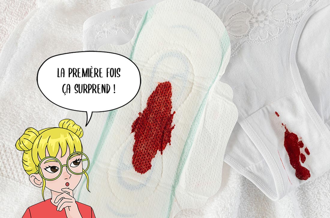 tache de sang de regles dans une serviette hygienique et sur une culotte blanche